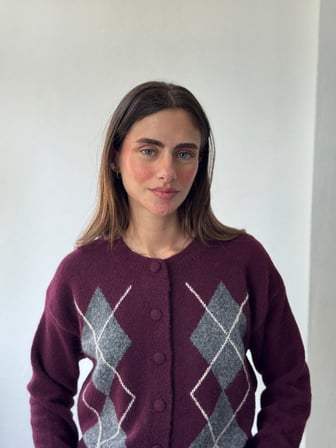 Retrobird Sally Baklava Desenli Düğmeli Triko Hırka Kadın Bordo