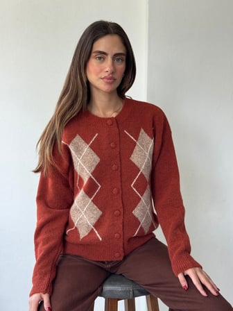 Retrobird Sally Baklava Desenli Düğmeli Triko Hırka Kadın Tarçın