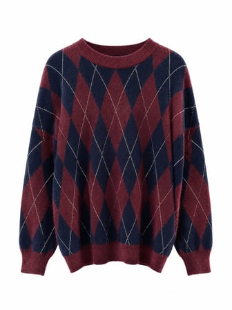 Retrobird Daphne Argyle Desenli Oversize Triko Kazak Kadın Bordo - Lacivert