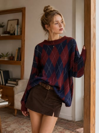 Retrobird Daphne Argyle Desenli Oversize Triko Kazak Kadın Bordo - Lacivert