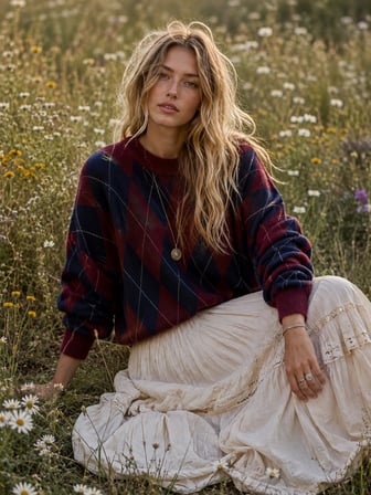 Retrobird Daphne Argyle Desenli Oversize Triko Kazak Kadın Bordo - Lacivert