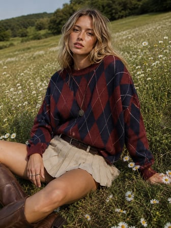 Retrobird Daphne Argyle Desenli Oversize Triko Kazak Kadın Bordo - Lacivert