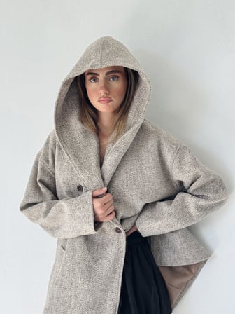 Retrobird Urban Retro Kapüşonlu Oversize Ceket Kaban Kadın Kırçıllı Krem
