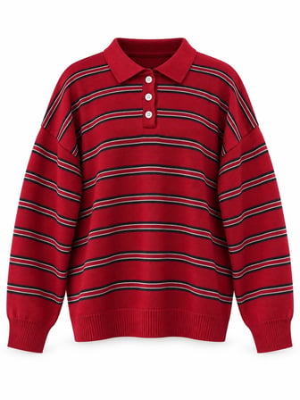 Retrobird Sadie Çizgili Oversize Polo Yaka Triko Kazak Kadın Kırmızı