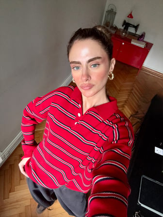 Retrobird Sadie Çizgili Oversize Polo Yaka Triko Kazak Kadın Kırmızı