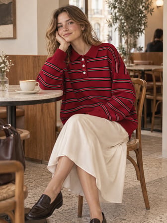 Retrobird Sadie Çizgili Oversize Polo Yaka Triko Kazak Kadın Kırmızı