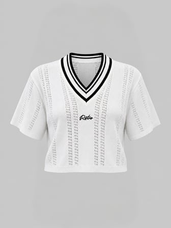 Retrobird Retro V Yaka Kısa Kollu Triko Üst Kadın Beyaz - Siyah