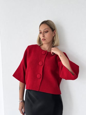 Retrobird Nellie Büyük Düğmeli Crop Triko Hırka Kadın Kırmızı