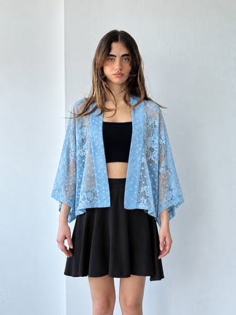 Retrobird Tasarım Transparan Dantel Boho Mini Kimono Kadın Marin Mavi