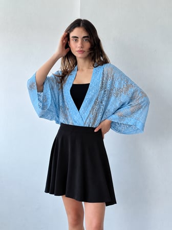 Retrobird Tasarım Transparan Dantel Boho Mini Kimono Kadın Marin Mavi