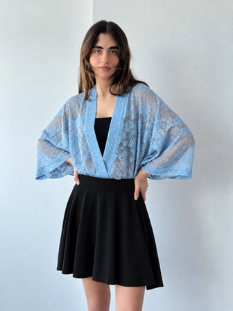Retrobird Tasarım Transparan Dantel Boho Mini Kimono Kadın Marin Mavi