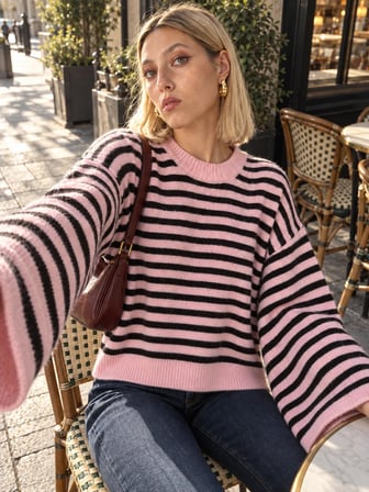 Retrobird Livia Oversize Siyah Çizgili Triko Kazak Kadın Pembe
