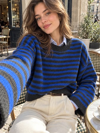 Retrobird Livia Oversize Siyah Çizgili Triko Kazak Kadın Saks Mavi