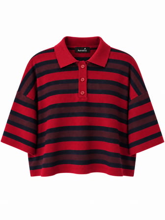 Retrobird Atelier Kısa Oversize Polo Yaka Çizgili Triko Kazak Kadın Kırmızı - Lacivert