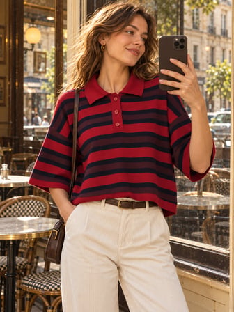 Retrobird Atelier Kısa Oversize Polo Yaka Çizgili Triko Kazak Kadın Kırmızı - Lacivert