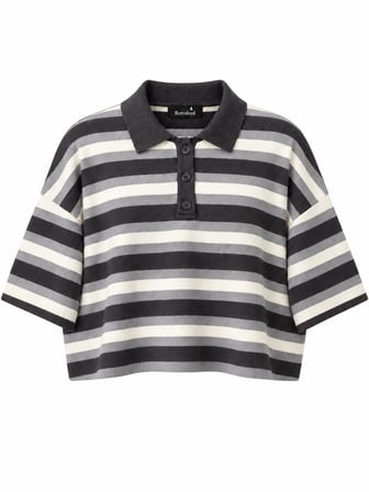 Retrobird Atelier Kısa Oversize Polo Yaka Çizgili Triko Kazak Kadın Antrasit - Krem 