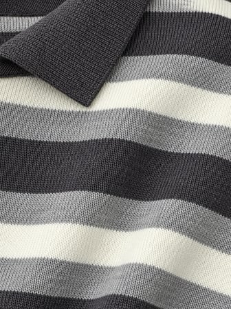 Retrobird Atelier Kısa Oversize Polo Yaka Çizgili Triko Kazak Kadın Antrasit - Krem 
