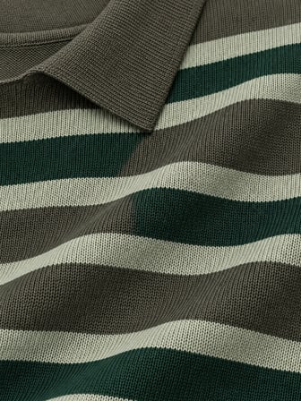 Retrobird Atelier Kısa Oversize Polo Yaka Çizgili Triko Kazak Kadın Yeşil