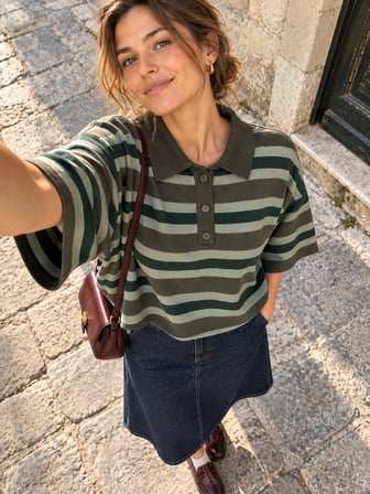 Retrobird Atelier Kısa Oversize Polo Yaka Çizgili Triko Kazak Kadın Yeşil
