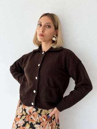 Retrobird Darcy Polo Yaka Cepli Triko Hırka Kadın Kahverengi