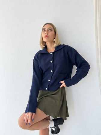 Retrobird Darcy Polo Yaka Cepli Triko Hırka Kadın Lacivert