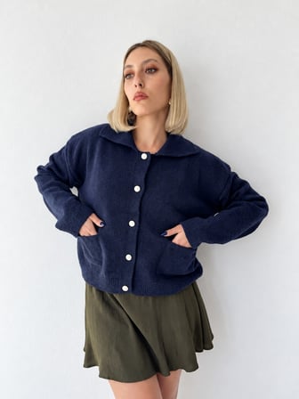 Retrobird Darcy Polo Yaka Cepli Triko Hırka Kadın Lacivert