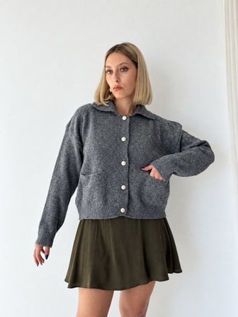 Retrobird Darcy Polo Yaka Cepli Triko Hırka Kadın Gri