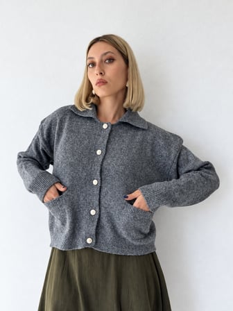 Retrobird Darcy Polo Yaka Cepli Triko Hırka Kadın Gri