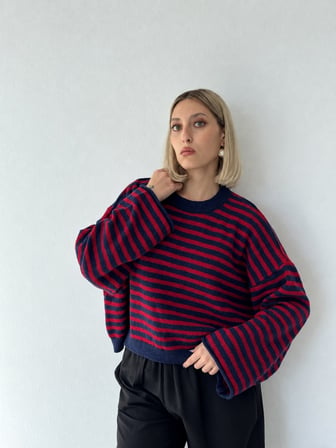 Retrobird Livia Oversize Çizgili Triko Kazak Kadın Kırmızı - Lacivert