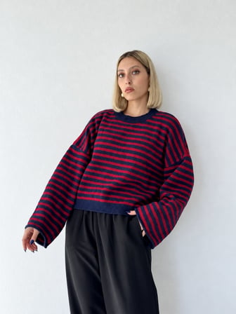 Retrobird Livia Oversize Çizgili Triko Kazak Kadın Kırmızı - Lacivert