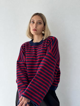 Retrobird Livia Oversize Çizgili Triko Kazak Kadın Kırmızı - Lacivert