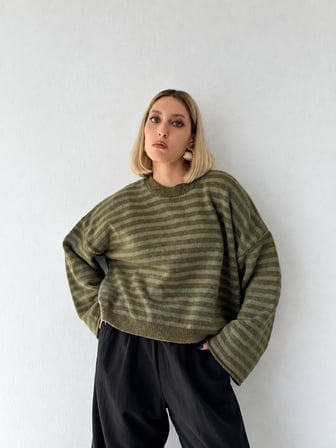 Retrobird Livia Oversize Çizgili Triko Kazak Kadın Yeşil