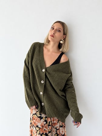 Retrobird Doris Oversize V Yaka Düğmeli Triko Hırka Kadın Haki