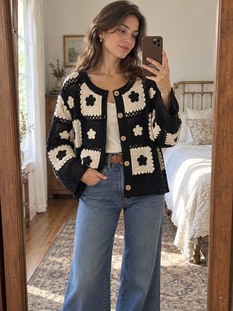 Retrobird Lottie Çiçek Motifli Düğmeli Kroşe Hırka Kadın Siyah