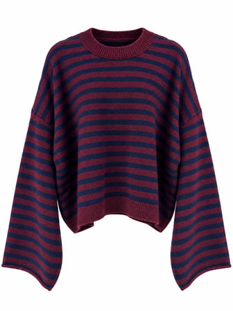 Retrobird Livia Oversize Çizgili Triko Kazak Kadın Lacivert - Mürdüm