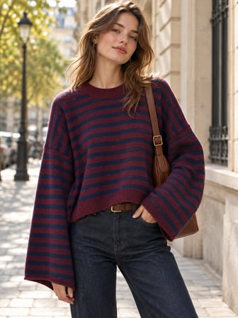 Retrobird Livia Oversize Çizgili Triko Kazak Kadın Lacivert - Mürdüm