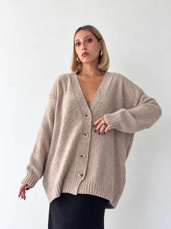 Retrobird Doris Oversize V Yaka Düğmeli Triko Hırka Kadın Bej