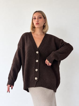 Retrobird Doris Oversize V Yaka Düğmeli Triko Hırka Kadın Kahverengi