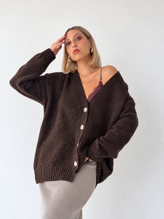 Retrobird Doris Oversize V Yaka Düğmeli Triko Hırka Kadın Kahverengi