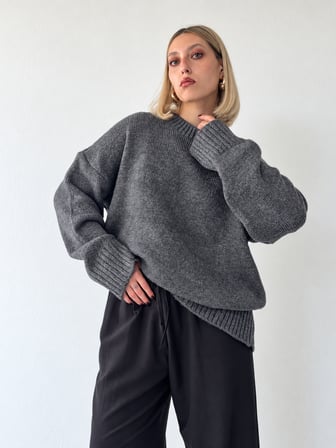 Retrobird Bess Oversize Bisiklet Yaka Basic Triko Kazak Kadın Koyu Gri