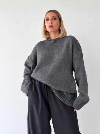 Retrobird Bess Oversize Bisiklet Yaka Basic Triko Kazak Kadın Koyu Gri