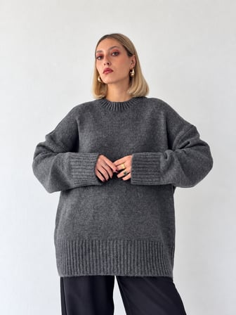 Retrobird Bess Oversize Bisiklet Yaka Basic Triko Kazak Kadın Koyu Gri