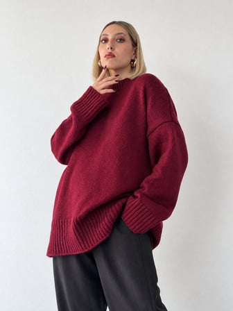 Retrobird Bess Oversize Bisiklet Yaka Basic Triko Kazak Kadın Bordo