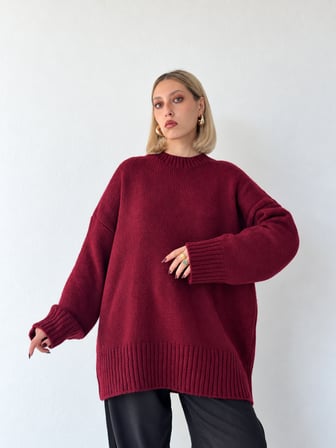 Retrobird Bess Oversize Bisiklet Yaka Basic Triko Kazak Kadın Bordo