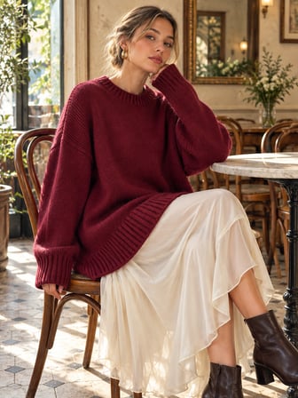 Retrobird Bess Oversize Bisiklet Yaka Basic Triko Kazak Kadın Bordo