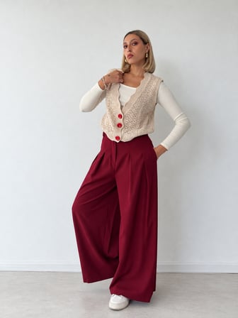 Retrobird Blair Yüksek Bel Pileli Cepli Palazzo Bol Paça Pantolon Kadın Bordo