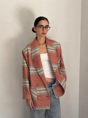 Retrobird 90'lar Retro Model Oversize Tasarım Ekose Ceket Kadın Kırmızı-Gri