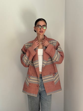 Retrobird 90'lar Retro Model Oversize Tasarım Ekose Ceket Kadın Kırmızı-Gri
