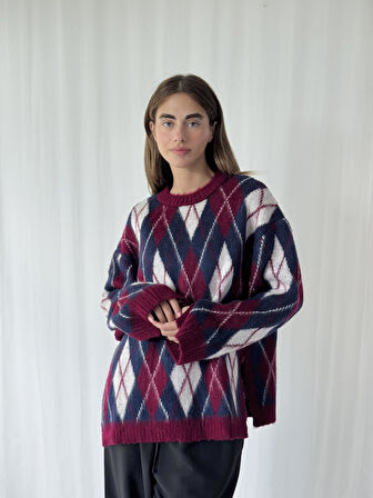 Retrobird Şardonlu Tüylü Baklava Dilim Triko Kazak Kadın Bordo Krem