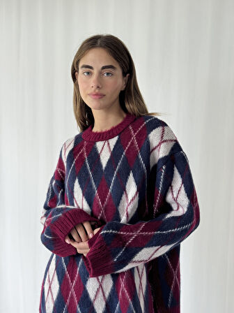 Retrobird Şardonlu Tüylü Baklava Dilim Triko Kazak Kadın Bordo Krem